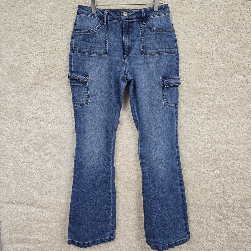 No Boundaries Jeans Womens 5 Cargo Bootcut Mid Rise Blue Stretch Denim Utility